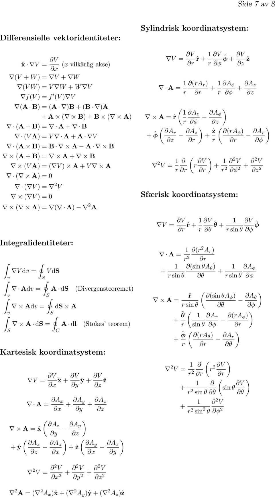 A z 2 V = 1 r + 1 r A φ φ + A z φ A ) φ ) + ẑ ( (raφ ) r A ) r φ ( r V ) + 1 2 V r 2 φ 2 + 2 V 2 færisk koordinatsystem: V = V ˆr + 1 V r θ ˆθ + 1 V r sin θ φ ˆφ Integralidentiteter: V d = V d Ad = A