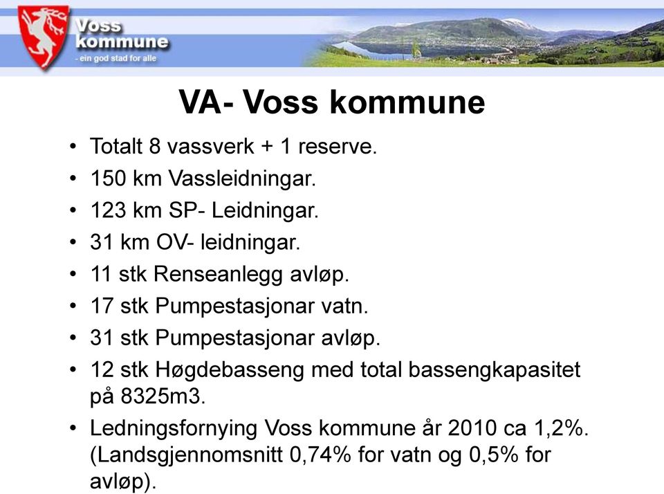 17 stk Pumpestasjonar vatn. 31 stk Pumpestasjonar avløp.