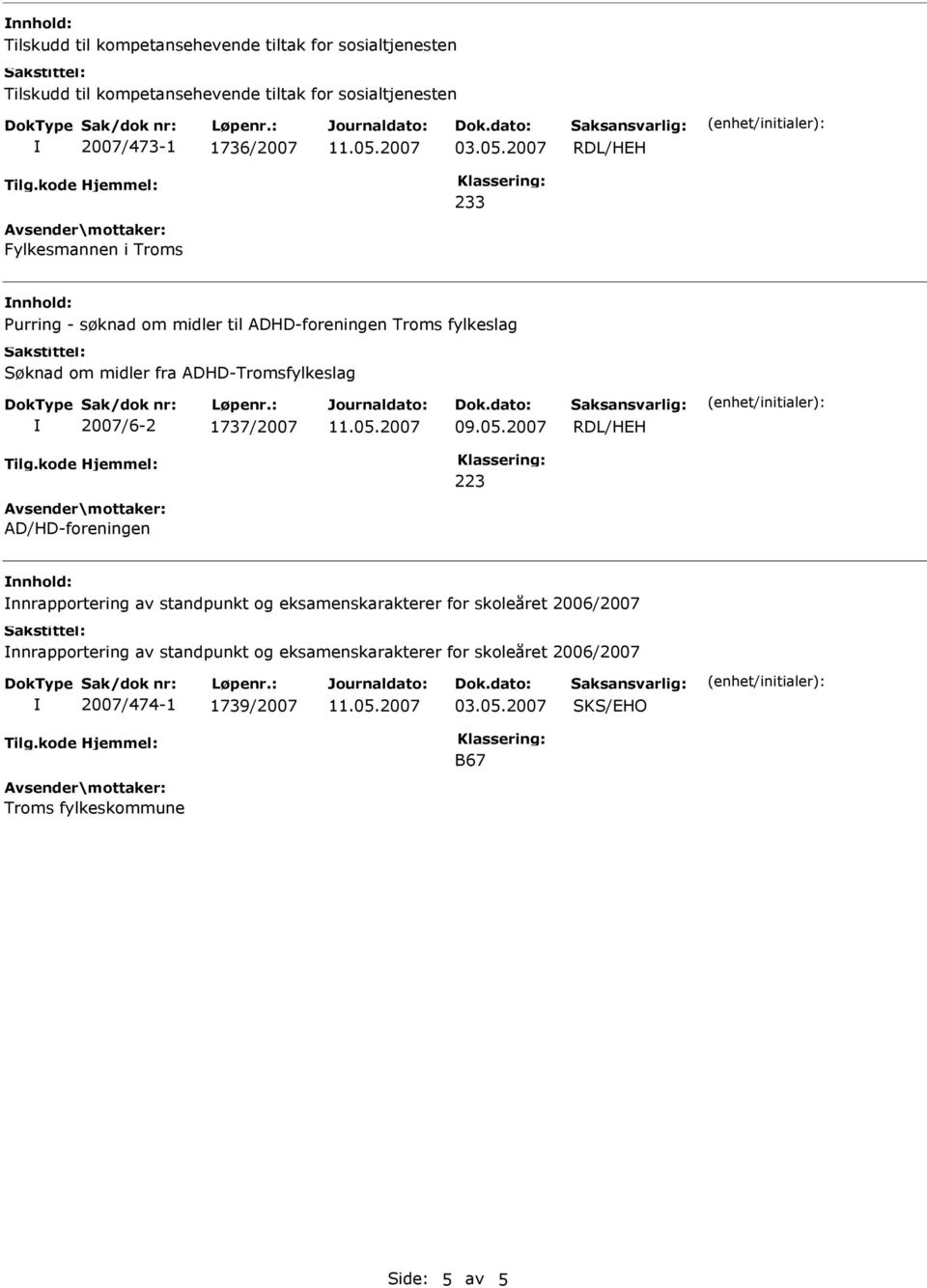 ADHD-Tromsfylkeslag 2007/6-2 1737/2007 RDL/HEH 223 AD/HD-foreningen nnrapportering av standpunkt og eksamenskarakterer for skoleåret