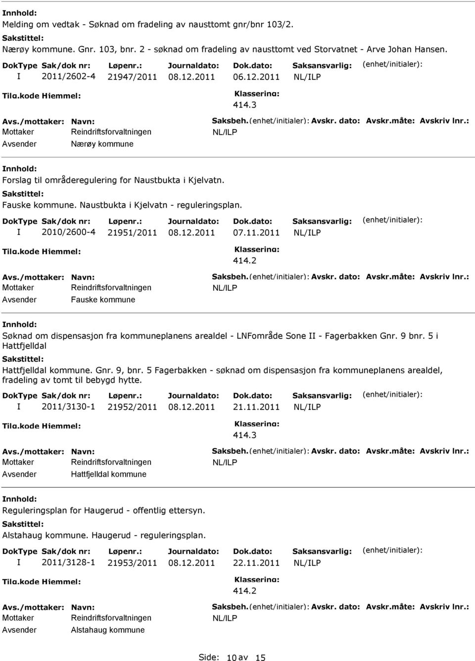 Naustbukta i Kjelvatn - reguleringsplan. 2010/2600-4 21951/2011 07.11.2011 Avs./mottaker: Navn: Saksbeh. Avskr. dato: Avskr.måte: Avskriv lnr.