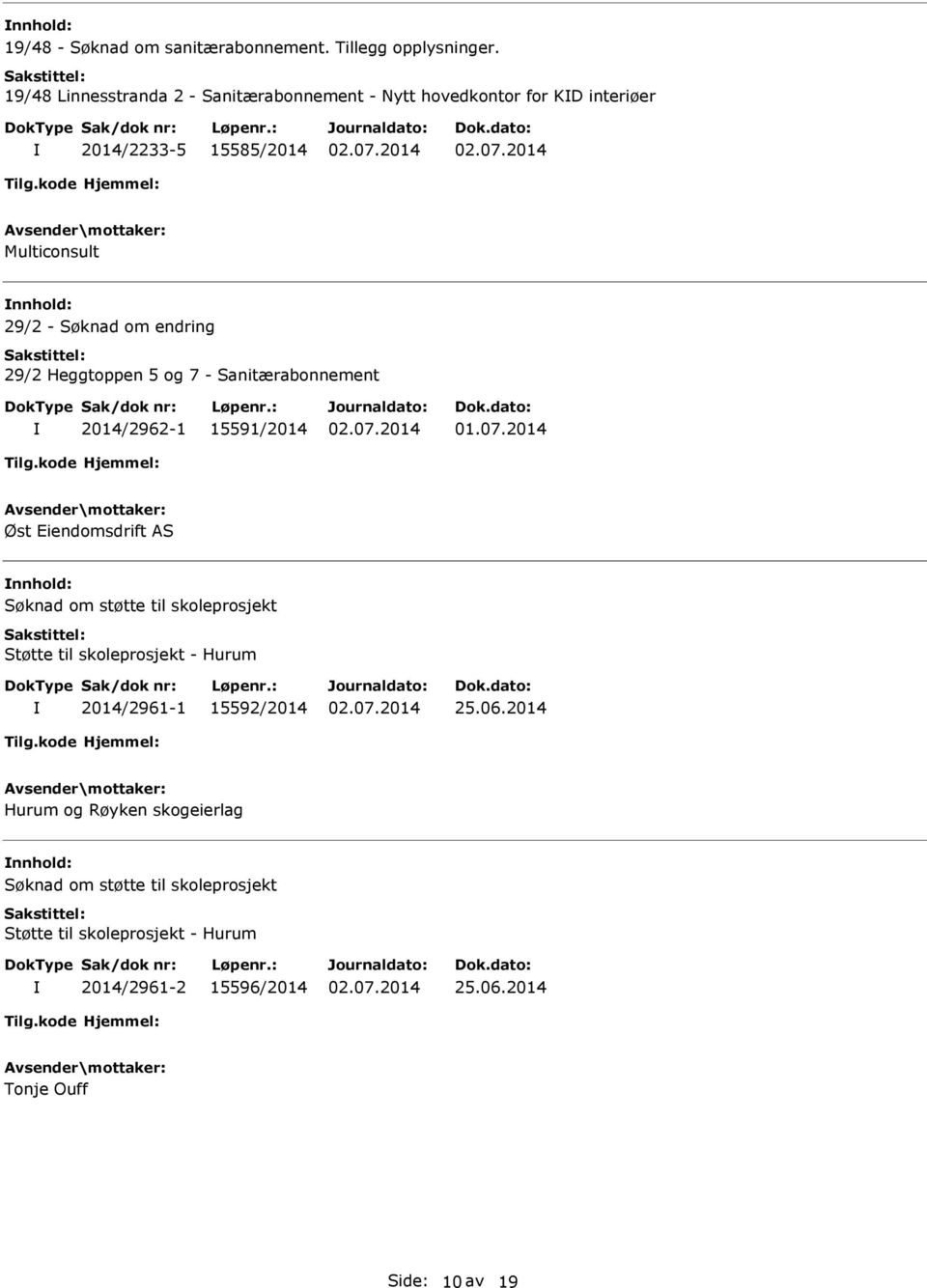 endring 29/2 Heggtoppen 5 og 7 - Sanitærabonnement 2014/2962-1 15591/2014 Øst Eiendomsdrift AS Søknad om støtte til skoleprosjekt