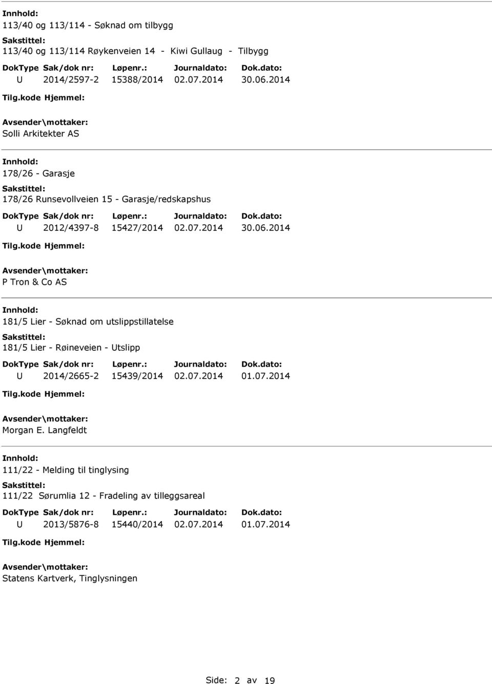 2014 Tron & Co AS 181/5 Lier - Søknad om utslippstillatelse 181/5 Lier - Røineveien - tslipp 2014/2665-2 15439/2014 Morgan E.