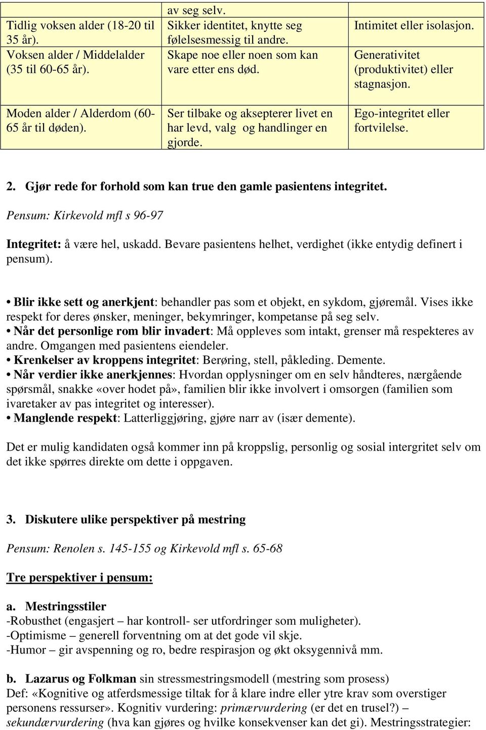 Ego-integritet eller fortvilelse. 2. Gjør rede for forhold som kan true den gamle pasientens integritet. Pensum: Kirkevold mfl s 96-97 Integritet: å være hel, uskadd.