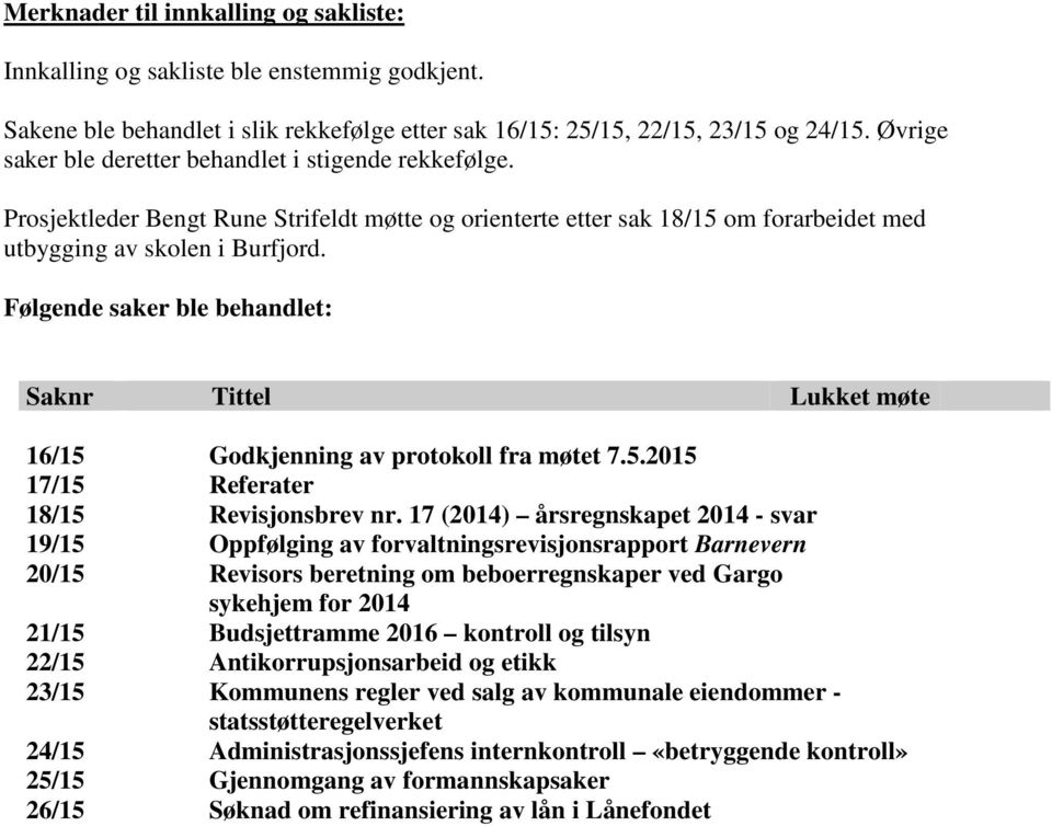 Følgende saker ble behandlet: Saknr Tittel Lukket møte 16/15 17/15 18/15 19/15 20/15 21/15 22/15 23/15 24/15 25/15 26/15 Godkjenning av protokoll fra møtet 7.5.2015 Referater Revisjonsbrev nr.