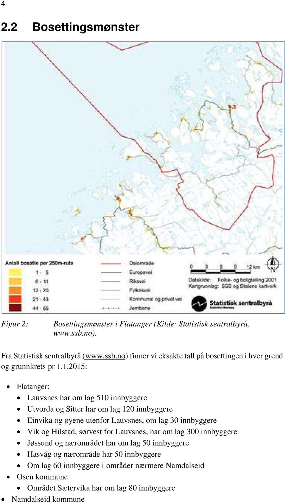 1.2015: Flatanger: Lauvsnes har om lag 510 innbyggere Utvorda og Sitter har om lag 120 innbyggere Einvika og øyene utenfor Lauvsnes, om lag 30 innbyggere Vik og