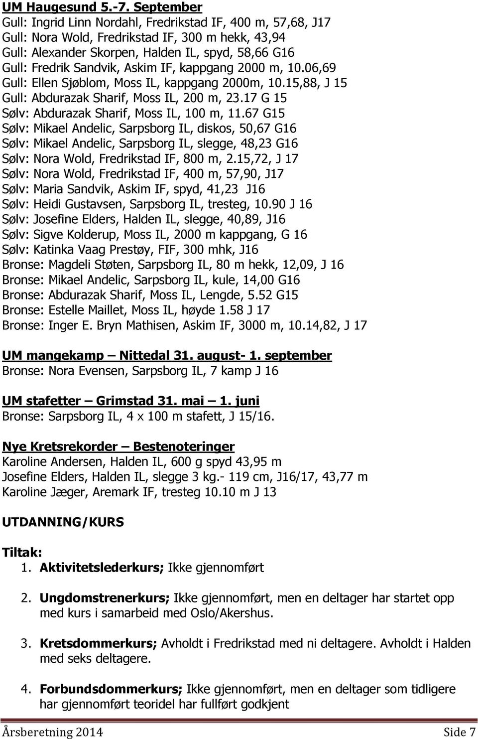 Askim IF, kappgang 2000 m, 10.06,69 Gull: Ellen Sjøblom, Moss IL, kappgang 2000m, 10.15,88, J 15 Gull: Abdurazak Sharif, Moss IL, 200 m, 23.17 G 15 Sølv: Abdurazak Sharif, Moss IL, 100 m, 11.