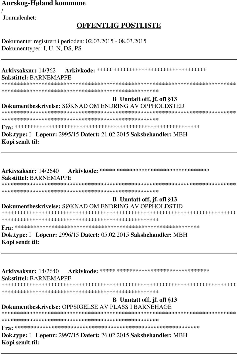 ofl 13 Dokumentbeskrivelse: SØKNAD OM ENDRING AV OPPHOLDSTID Fra: ********* Dok.type: I Løpenr: 299615 Datert: 05.02.