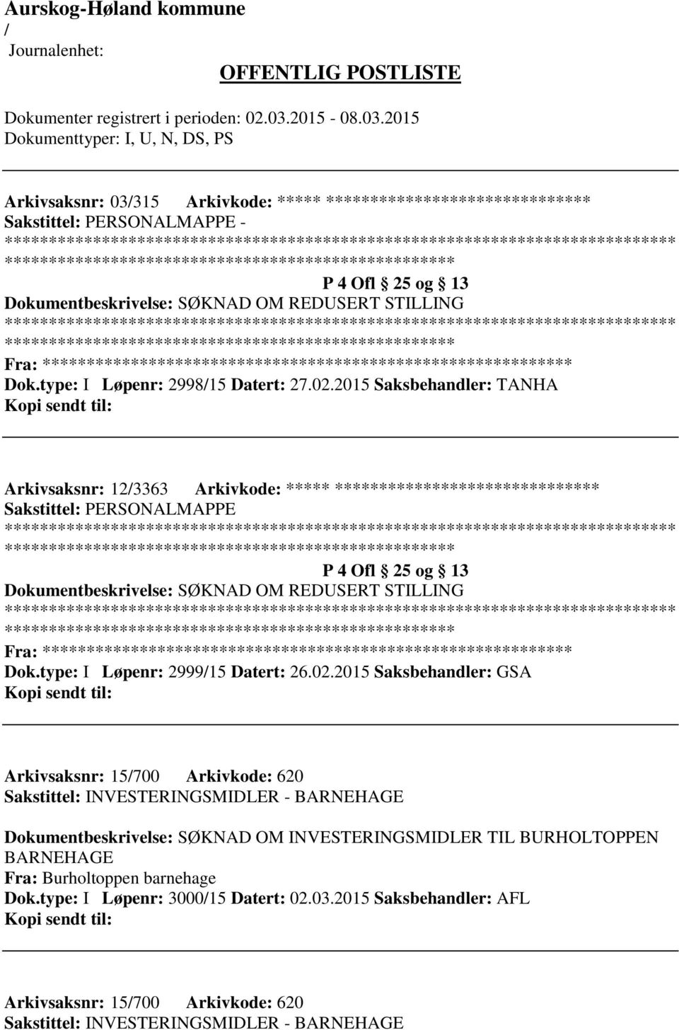 2015 Saksbehandler: TANHA Arkivsaksnr: 123363 Arkivkode: ***** ****************************** Sakstittel: PERSONALMAPPE P 4 Ofl 25 og 13 Dokumentbeskrivelse: SØKNAD OM REDUSERT STILLING Fra: