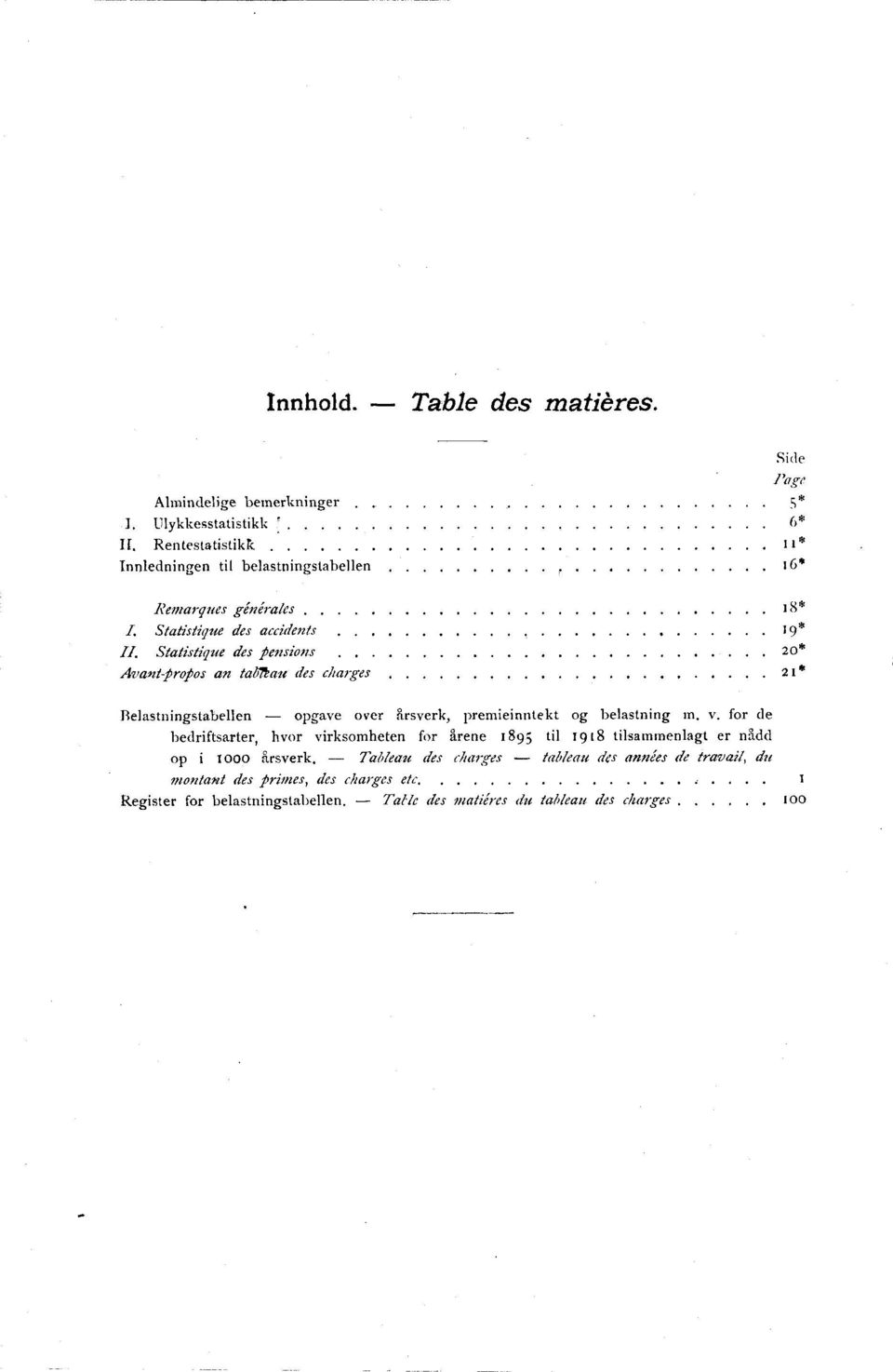 Statistique des pensions 20* Avant-propos an tabitau des chines 21* stabellen opgave over, premieinntekt og belastning m. v.