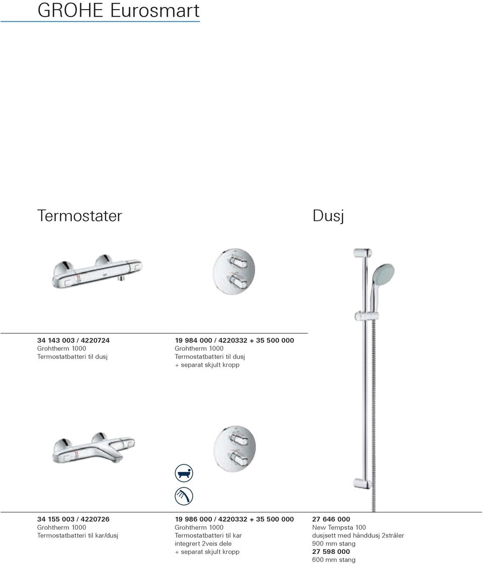 Termostatbatteri til kar/dusj 19 986 000 / 4220332 + 35 500 000 Grohtherm 1000 Termostatbatteri til kar integrert