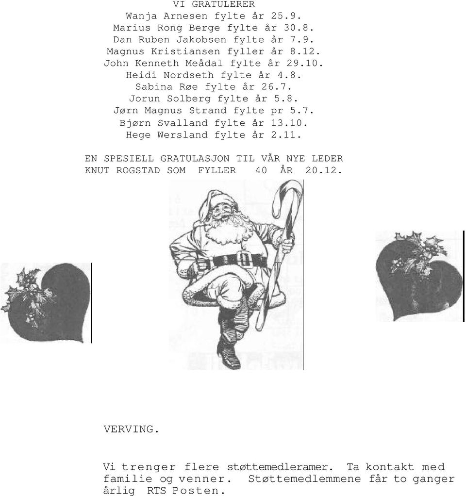 7. Bjørn Svalland fylte år 13.10. Hege Wersland fylte år 2.11. EN SPESIELL GRATULASJON TIL VÅR NYE LEDER KNUT ROGSTAD SOM FYLLER 40 ÅR 20.12.