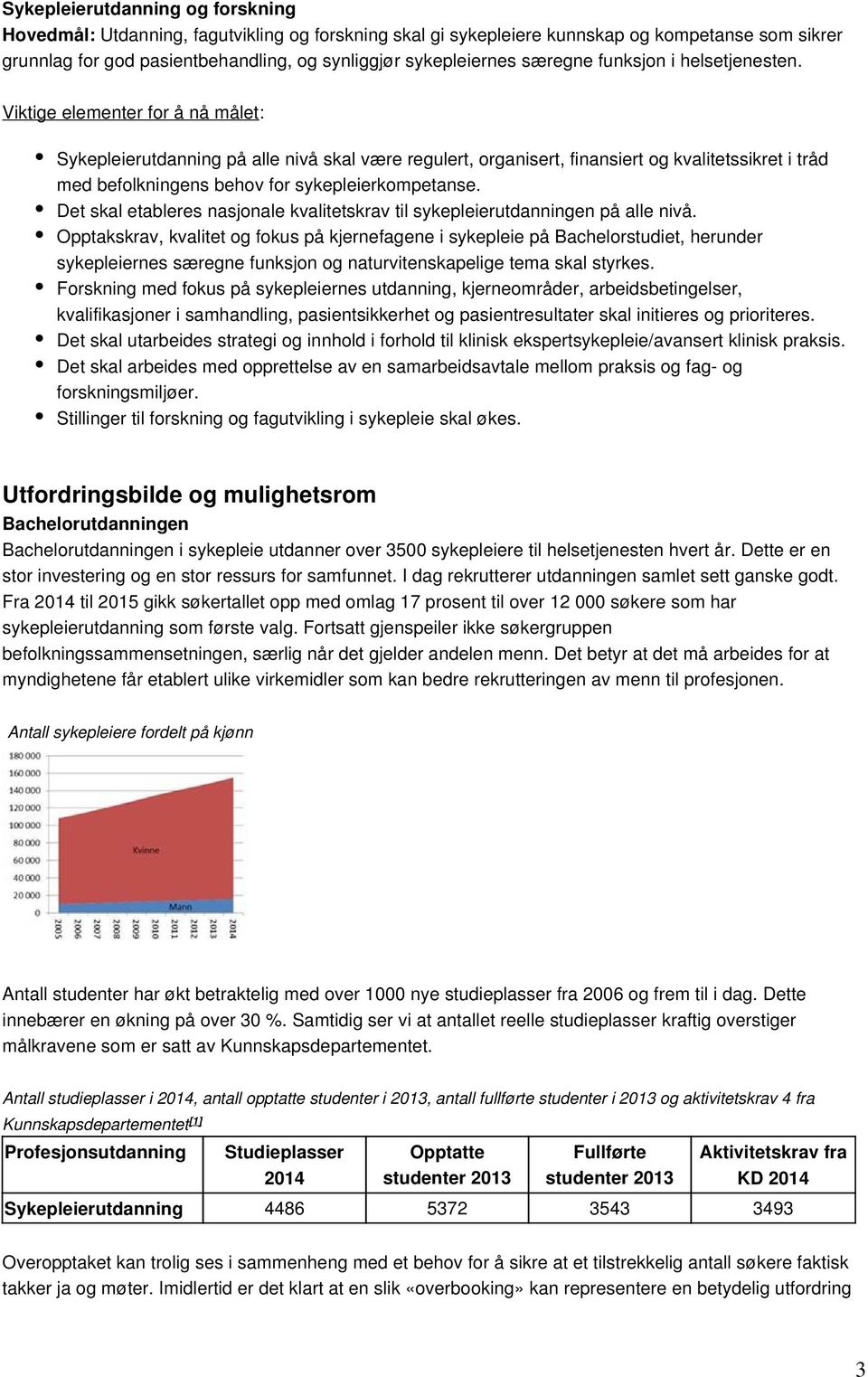 Viktige elementer for å nå målet: Sykepleierutdanning på alle nivå skal være regulert, organisert, finansiert og kvalitetssikret i tråd med befolkningens behov for sykepleierkompetanse.