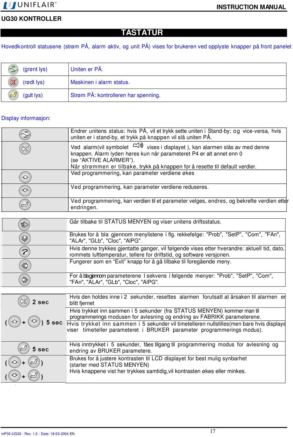 Display informasjon: ON OFF Endrer unitens status: hvis PÅ, vil et trykk sette uniten i Stand-by; og vice-versa, hvis uniten er i stand-by, et trykk på knappen vil slå uniten PÅ.