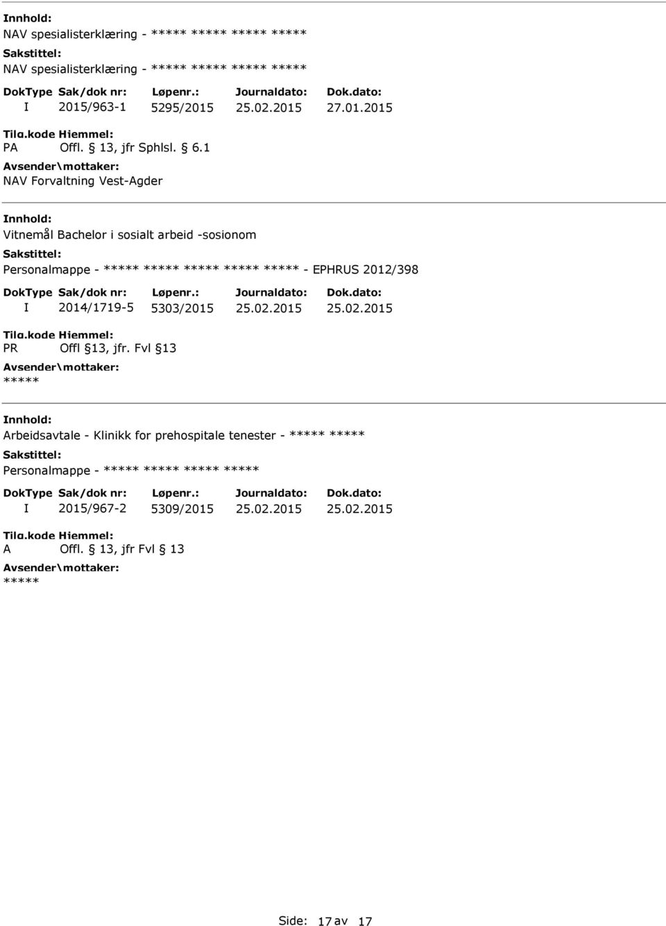 2015 Vitnemål Bachelor i sosialt arbeid -sosionom ersonalmappe - - EHRS 2012/398 R