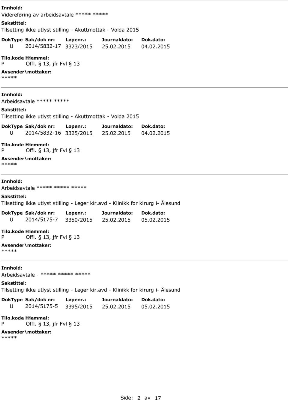 2015 Arbeidsavtale Tilsetting ikke utlyst stilling - Leger kir.avd - Klinikk for kirurg i- Ålesund 2014/5175-7 3350/2015 05.