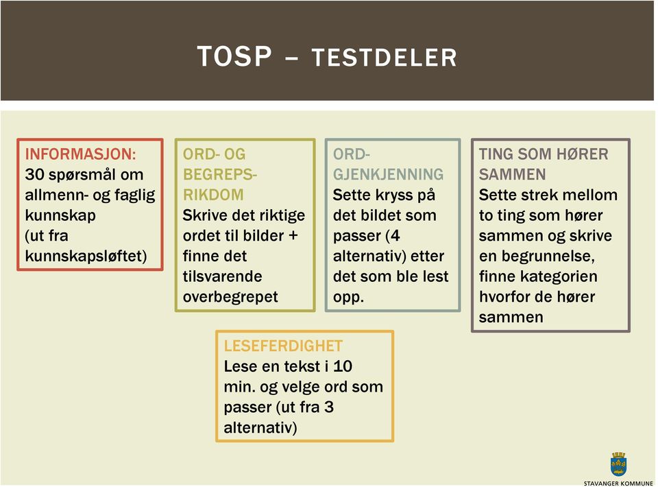 og velge ord som passer (ut fra 3 alternativ) ORD- GJENKJENNING Sette kryss på det bildet som passer (4 alternativ) etter det