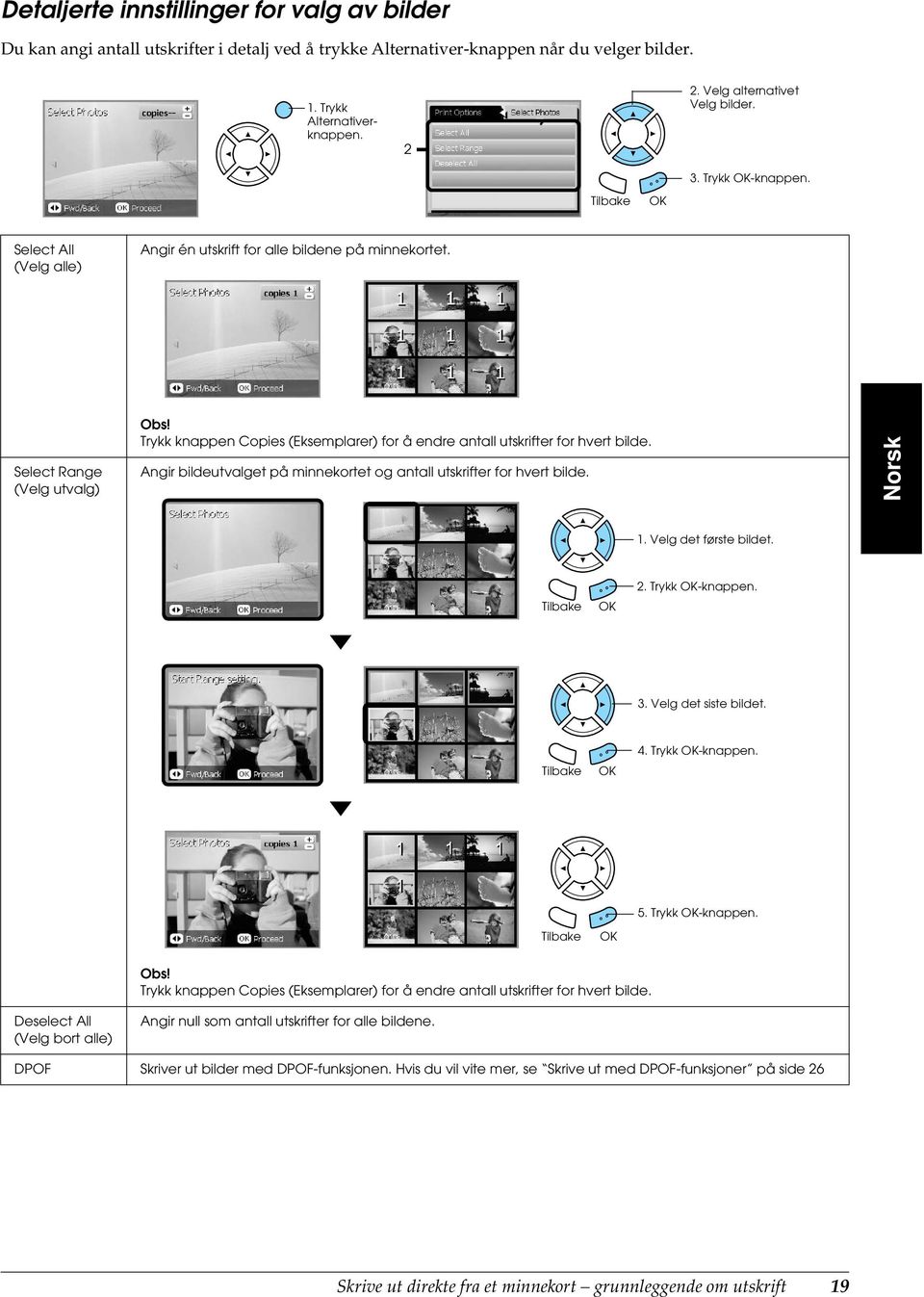 Select Range (Velg utvalg) Trykk knappen Copies (Eksemplarer) for å endre antall utskrifter for hvert bilde. Angir bildeutvalget på minnekortet og antall utskrifter for hvert bilde. Norsk 1.