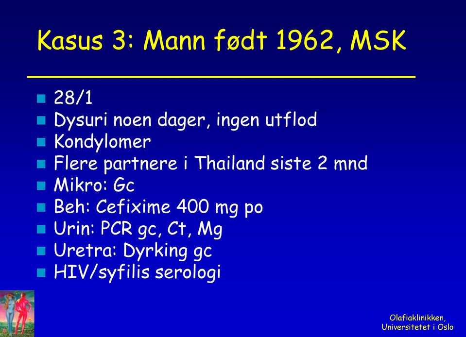 siste 2 mnd Mikro: Gc Beh: Cefixime 400 mg po Urin: