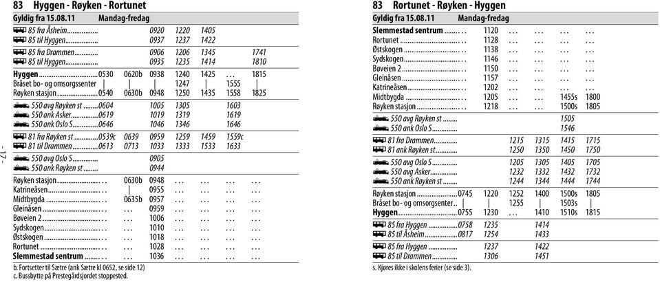 ..0604 1005 1305 1603 þ 550 ank Asker...0619 1019 1319 1619 þ 550 ank Oslo S...0646 1046 1346 1646 ÿ 81 fra Røyken st...0539c 0639 0959 1259 1459 1559c ÿ 81 til Drammen.