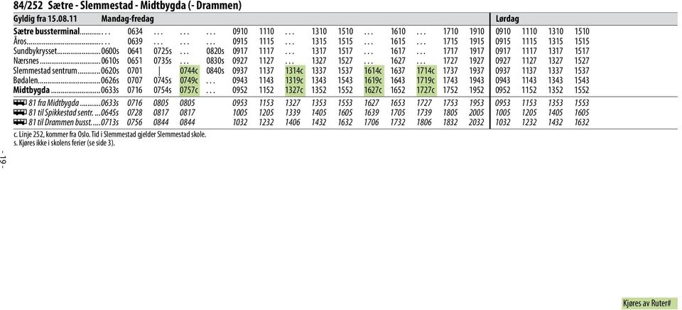 .. 1717 1917 0917 1117 1317 1517 Nærsnes...0610s 0651 0735s... 0830s 0927 1127... 1327 1527... 1627... 1727 1927 0927 1127 1327 1527 Slemmestad sentrum.