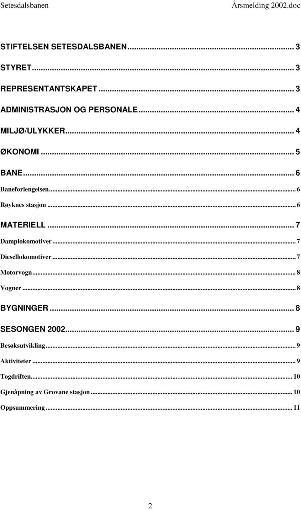 .. 7 Damplokomotiver... 7 Diesellokomotiver... 7 Motorvogn... 8 Vogner... 8 BYGNINGER... 8 SESONGEN 2002.