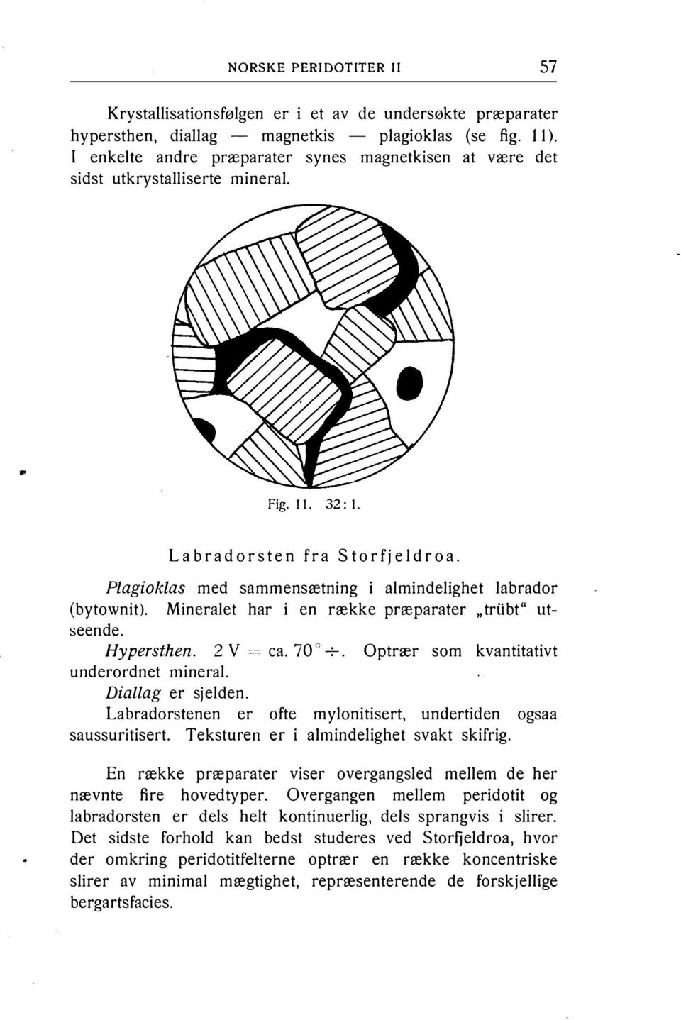 Plagioklas med sammensætning i almindelighet labrador (bytownit). Mineralet har i en række præparater "triibt" utseende. Hypersthen. 2 V ca. 70 o+. Optrær som kvantitativt underordnet mineral.