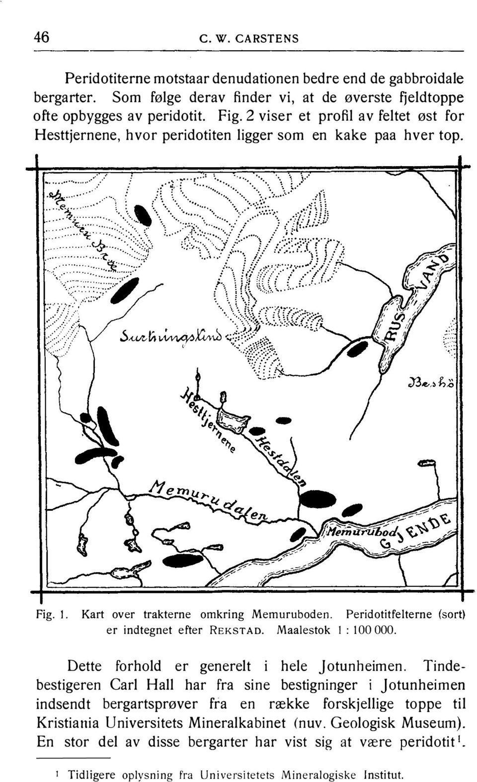 ,;:;;\.:; :/{ :: Fig. l. Kart over trakterne omkring Memuruboden. Peridotitfelterne (sort} er indtegnet efter REKST AD. Maalestok l : 100 000. Dette forhold er generelt i hele Jotunheimen.