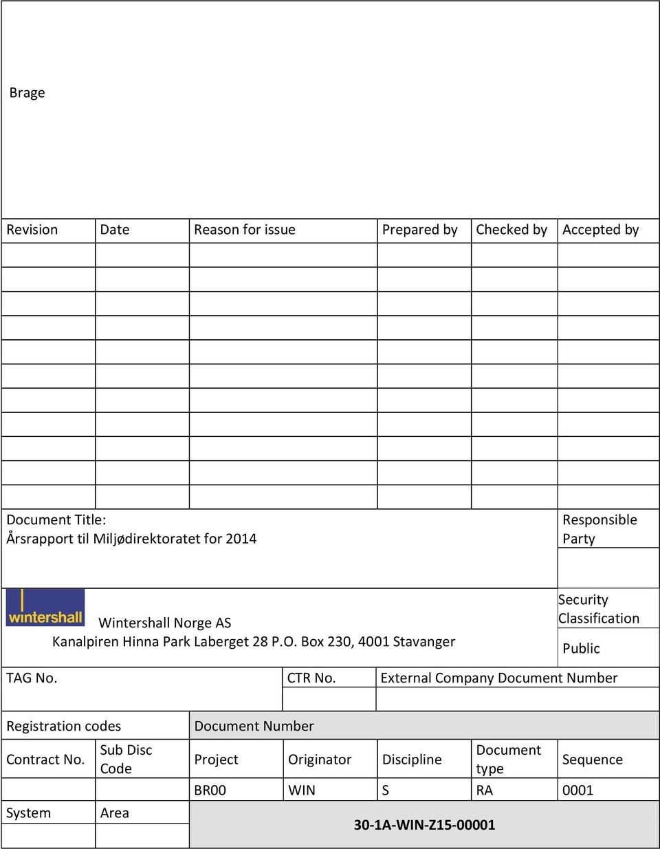 Box 23, 41 Stavanger Security Classification Public TAG No. CTR No.