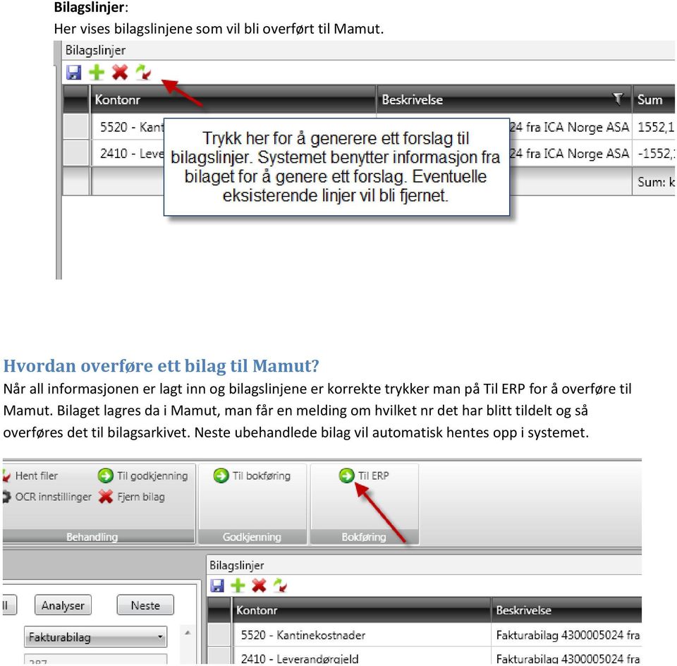 Når all informasjonen er lagt inn og bilagslinjene er korrekte trykker man på Til ERP for å overføre