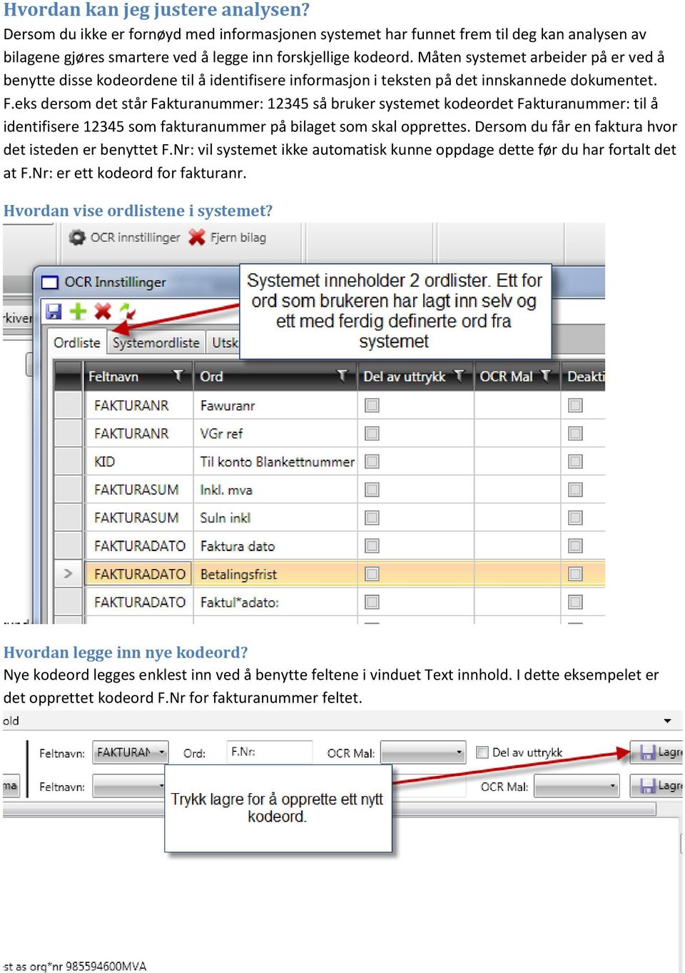 eks dersom det står Fakturanummer: 12345 så bruker systemet kodeordet Fakturanummer: til å identifisere 12345 som fakturanummer på bilaget som skal opprettes.