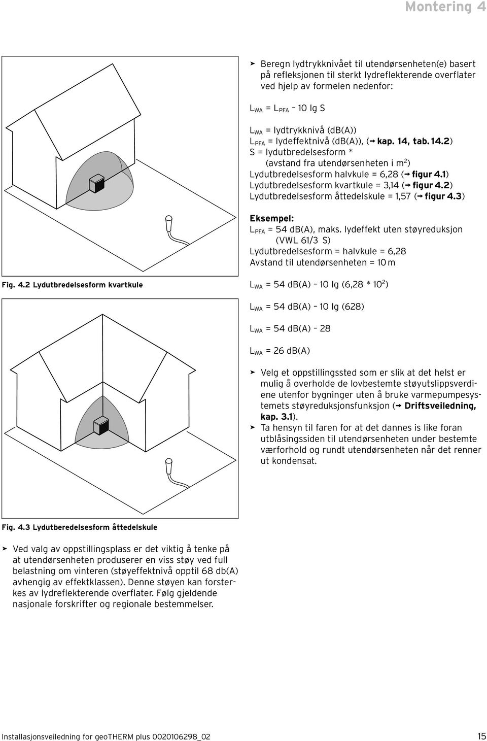 1) Lydutbredelsesform kvartkule = 3,14 ( figur 4.2) Lydutbredelsesform åttedelskule = 1,57 ( figur 4.3) Eksempel: L PFA = 54 db(a), maks.