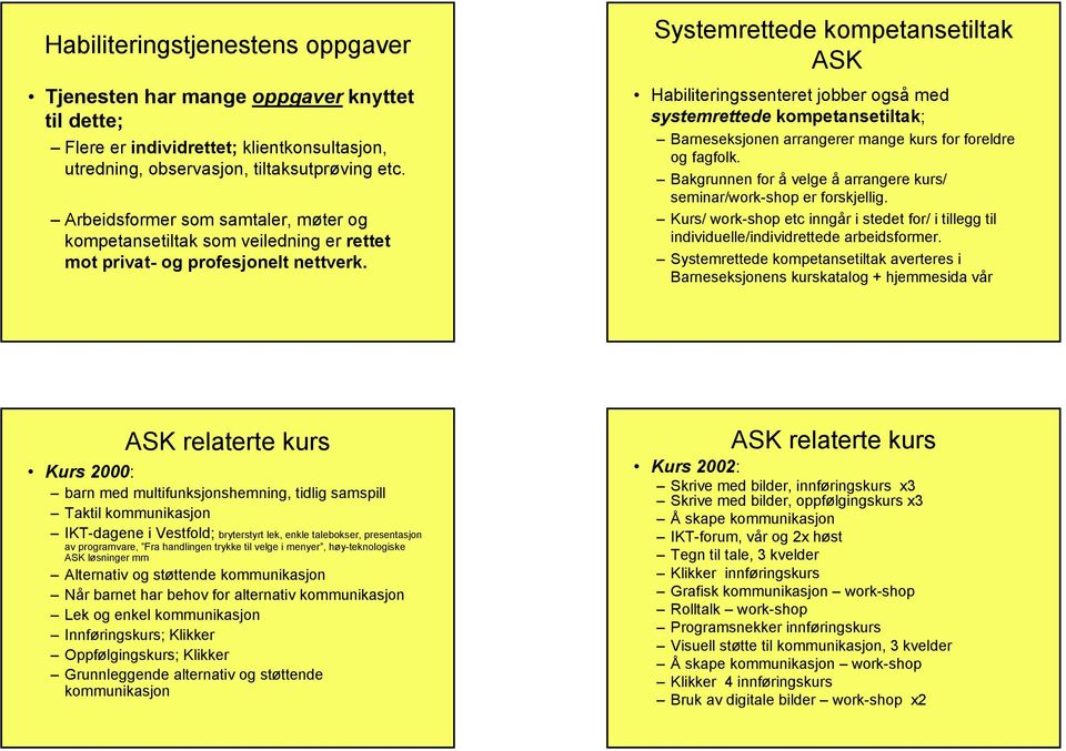 Systemrettede kompetansetiltak ASK Habiliteringssenteret jobber også med systemrettede kompetansetiltak; Barneseksjonen arrangerer mange kurs for foreldre og fagfolk.