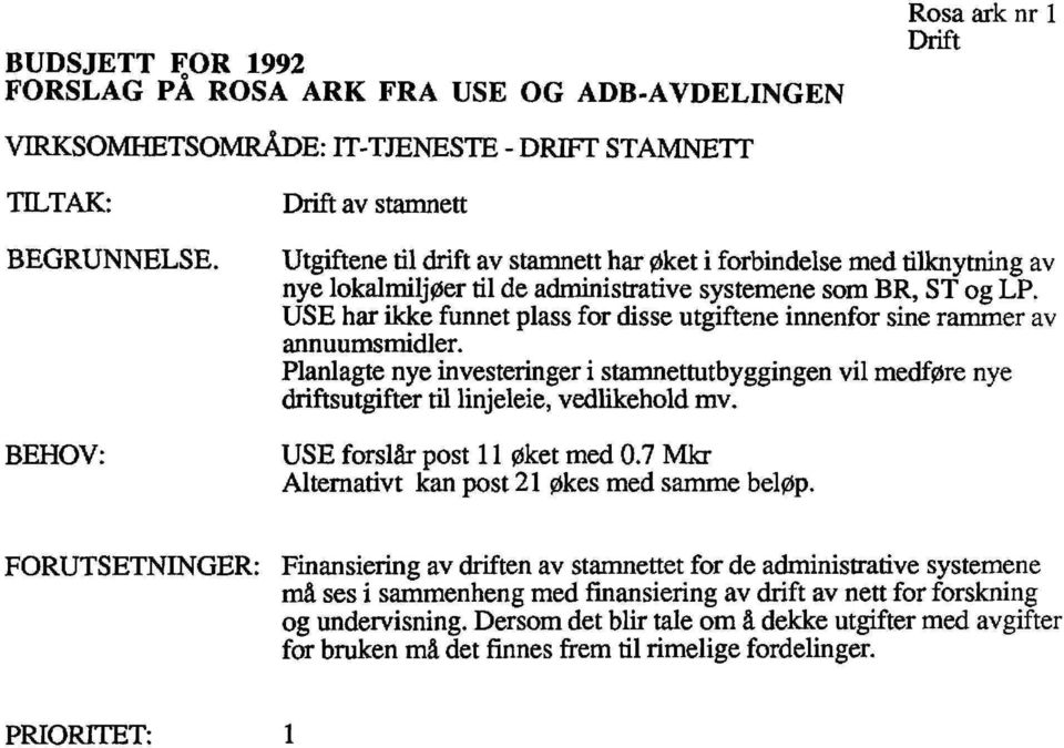 USE har ikke funnet plass for disse utgiftene innenfor sine rammer av annuumsmidler. Planlagte nye investeringer i stamnettutbyggingen vil medføre nye driftsutgifter til linjeleie, vedlikehold mv.