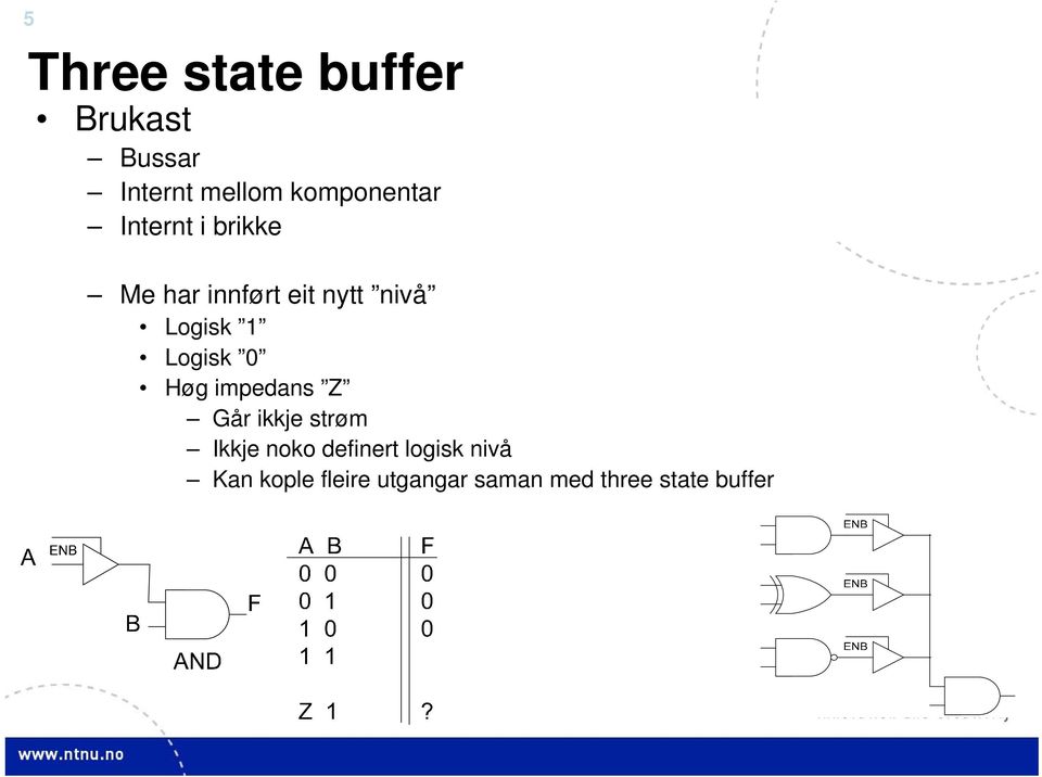 Logisk 1 Logisk 0 Høg impedans Z Går ikkje strøm Ikkje noko