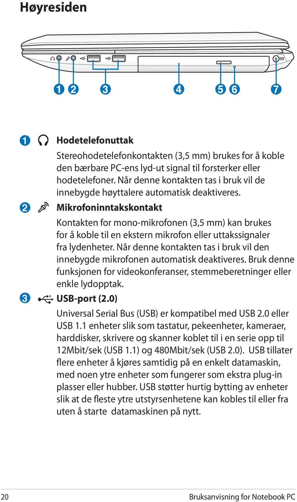 Mikrofoninntakskontakt Kontakten for mono-mikrofonen (3,5 mm) kan brukes for å koble til en ekstern mikrofon eller uttakssignaler fra lydenheter.