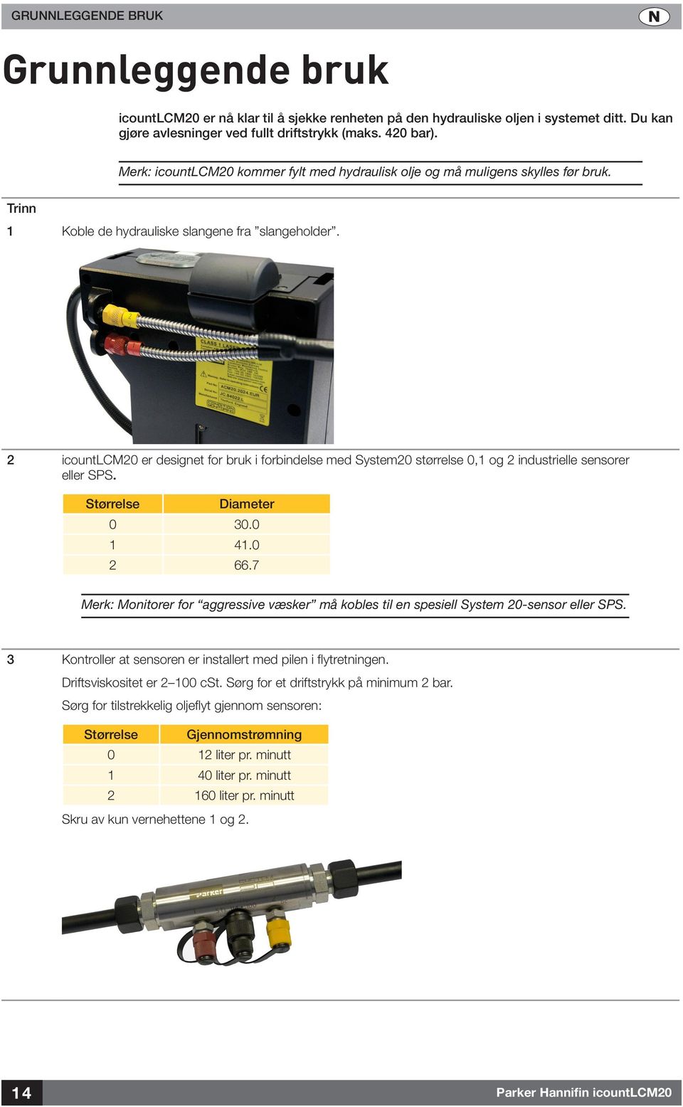 icountlcm0 er designet for bruk i forbindelse med System0 størrelse 0, og industrielle sensorer eller SPS. Størrelse Diameter 0 30.0.0.7 Merk: Monitorer for aggressive væsker må kobles til en spesiell System 0-sensor eller SPS.