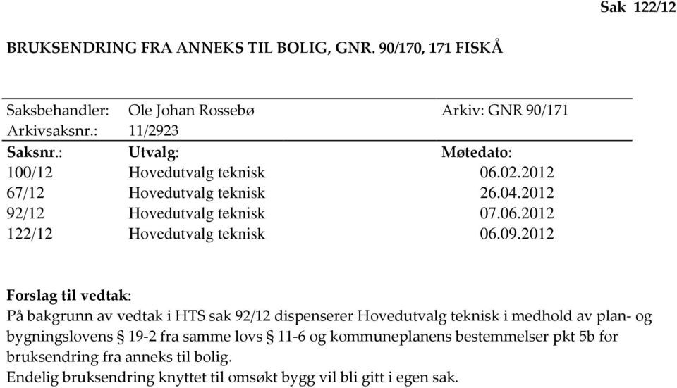 09.2012 Forslag til vedtak: På bakgrunn av vedtak i HTS sak 92/12 dispenserer Hovedutvalg teknisk i medhold av plan- og bygningslovens 19-2 fra samme lovs