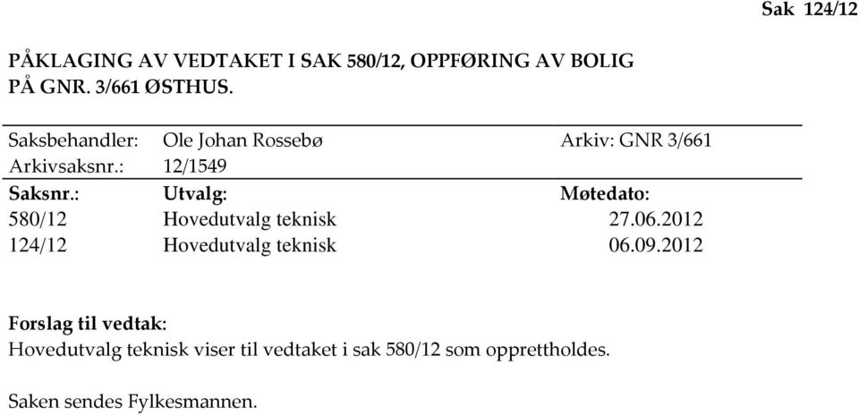 : Utvalg: Møtedato: 580/12 Hovedutvalg teknisk 27.06.2012 124/12 Hovedutvalg teknisk 06.09.