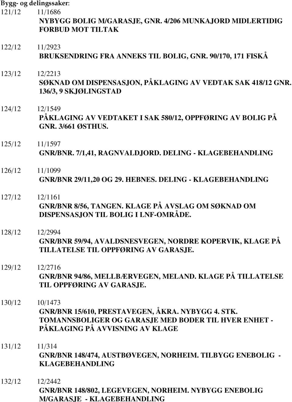 3/661 ØSTHUS. 125/12 11/1597 GNR/BNR. 7/1,41, RAGNVALDJORD. DELING - KLAGEBEHANDLING 126/12 11/1099 GNR/BNR 29/11,20 OG 29. HEBNES. DELING - KLAGEBEHANDLING 127/12 12/1161 GNR/BNR 8/56, TANGEN.