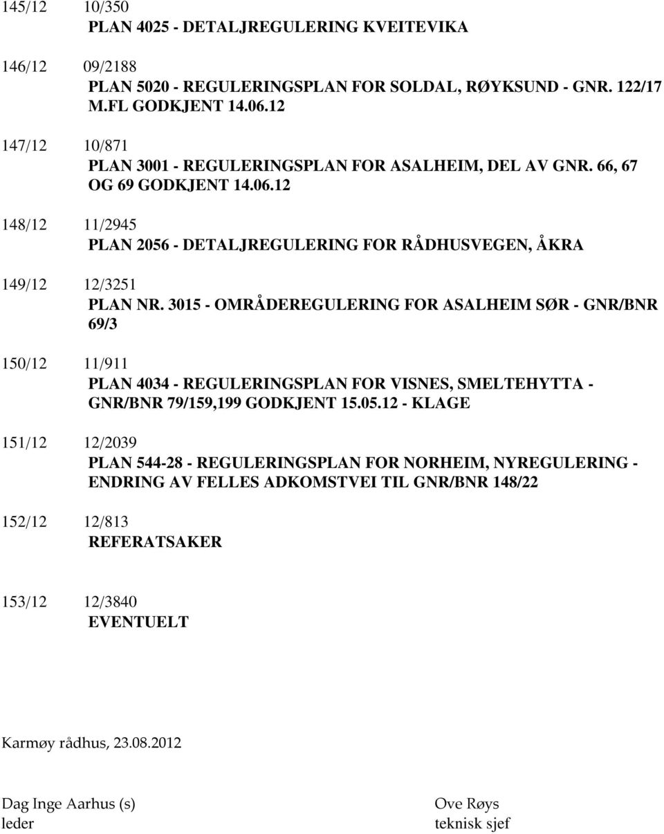 12 148/12 11/2945 PLAN 2056 - DETALJREGULERING FOR RÅDHUSVEGEN, ÅKRA 149/12 12/3251 PLAN NR.