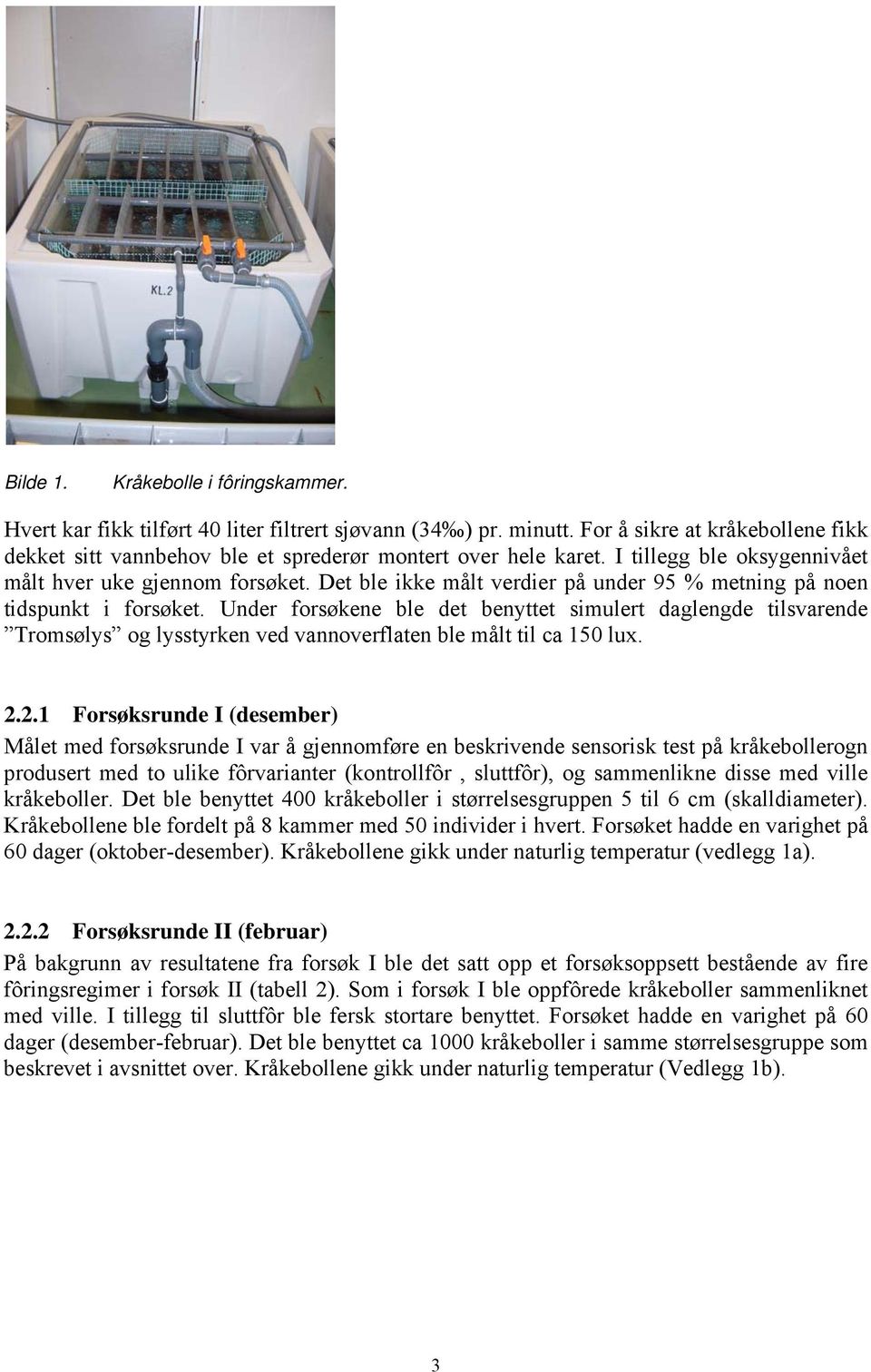 Under forsøkene ble det benyttet simulert daglengde tilsvarende Tromsølys og lysstyrken ved vannoverflaten ble målt til ca 150 lux. 2.