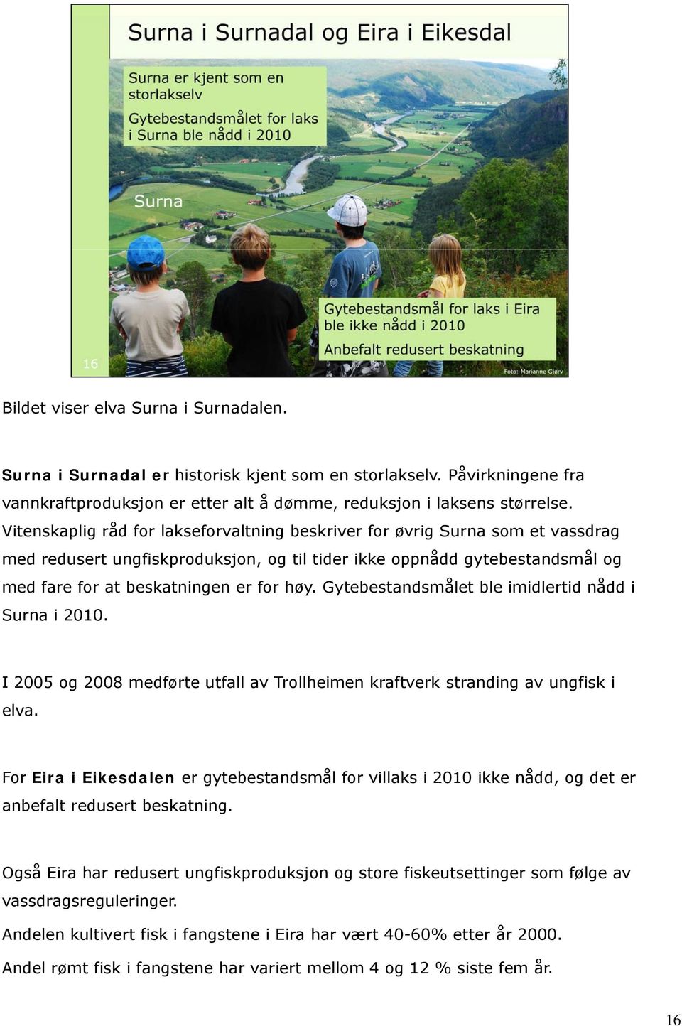 Gytebestandsmålet ble imidlertid nådd i Surna i 2010. I 2005 og 2008 medførte utfall av Trollheimen kraftverk stranding av ungfisk i elva.