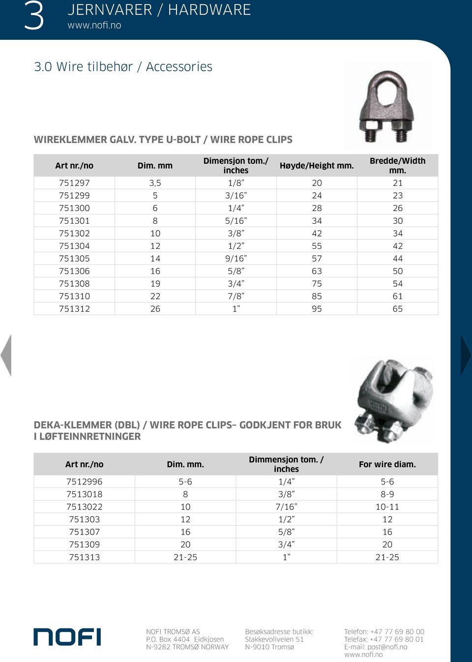 5/8 63 50 751308 19 3/4 75 54 751310 22 7/8 85 61 751312 26 1 95 65 DEKA-KLEMMER (DBL) / WIRE ROPE CLIPS GODKJENT FOR BRUK I LØFTEINNRETNINGER Dim.