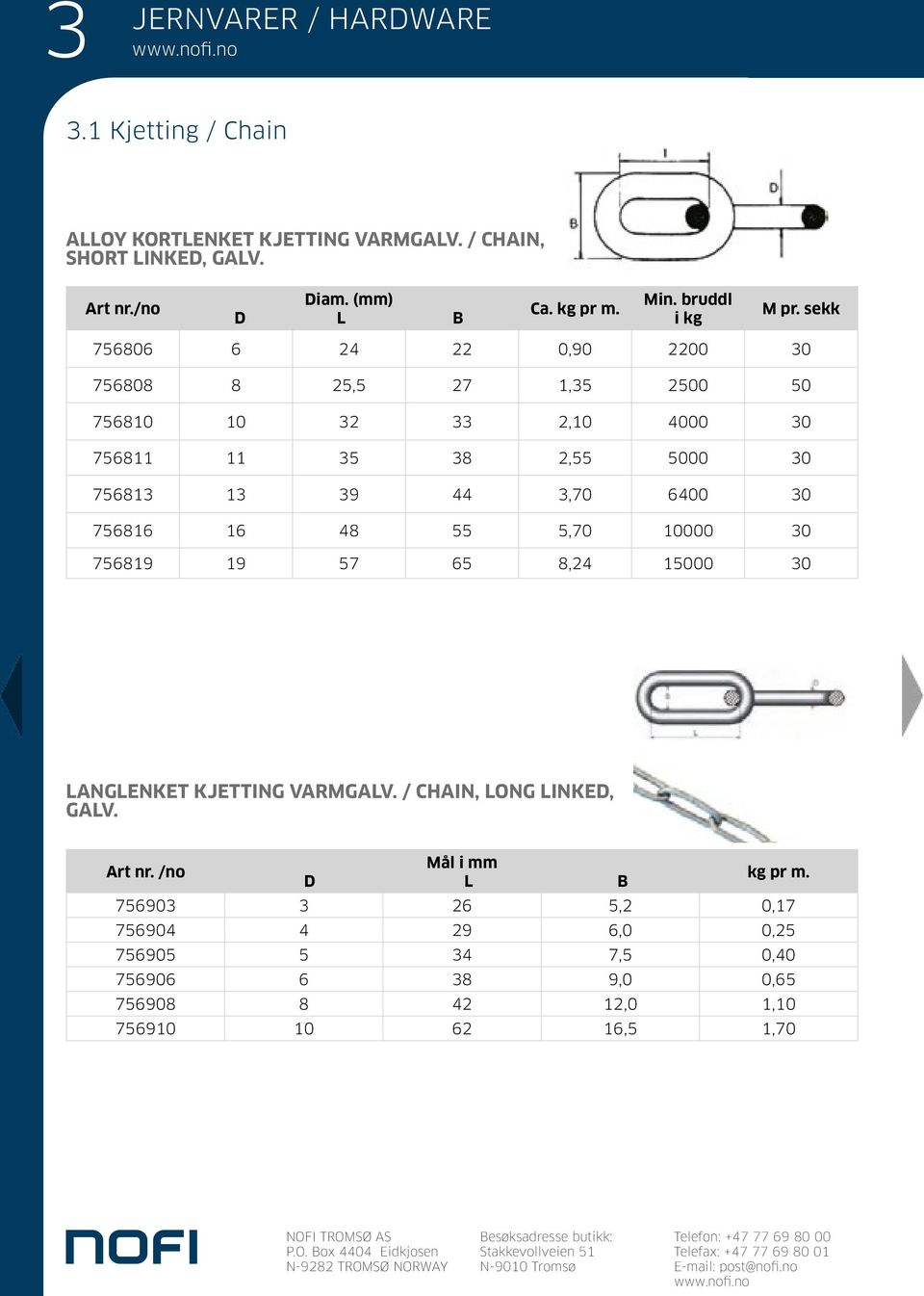 6400 30 756816 16 48 55 5,70 10000 30 756819 19 57 65 8,24 15000 30 LANGLENKET KJETTING VARMGALV. / CHAIN, LONG LINKED, GALV. Art nr.