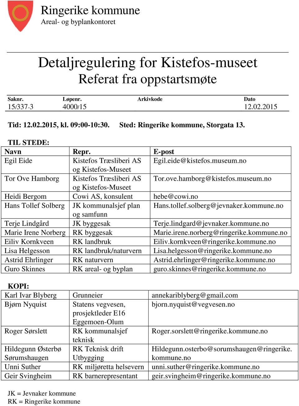 hamborg@kistefos.museum.no og Kistefos-Museet Heidi Bergom Cowi AS, konsulent hebe@cowi.no Hans Tollef Solberg JK kommunalsjef plan Hans.tollef.solberg@jevnaker.kommune.