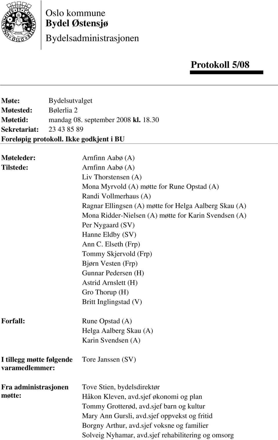 Rune Opstad (A) Randi Vollmerhaus (A) Ragnar Ellingsen (A) møtte for Helga Aalberg Skau (A) Mona Ridder-Nielsen (A) møtte for Karin Svendsen (A) Per Nygaard (SV) Hanne Eldby (SV) Ann C.