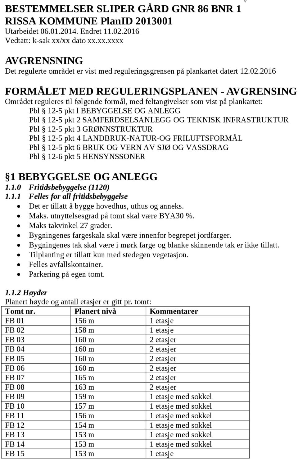 2016 FORMÅLET MED REGULERINGSPLANEN - AVGRENSING Området reguleres til følgende formål, med feltangivelser som vist på plankartet: Pbl 12-5 pkt l BEBYGGELSE OG ANLEGG Pbl 12-5 pkt 2 SAMFERDSELSANLEGG