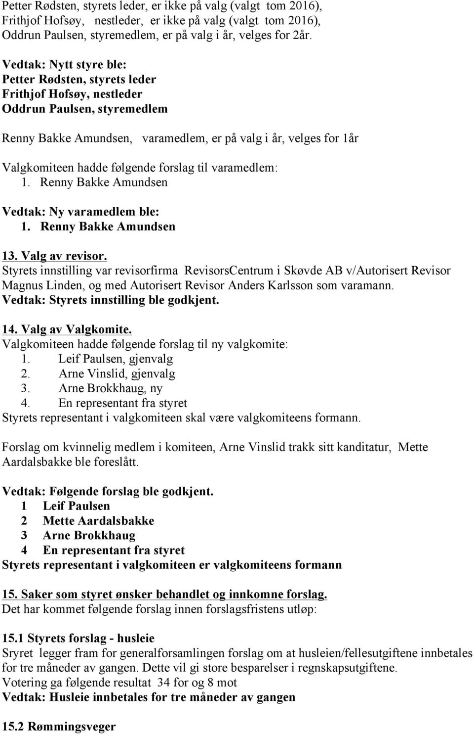 følgende forslag til varamedlem: 1. Renny Bakke Amundsen Vedtak: Ny varamedlem ble: 1. Renny Bakke Amundsen 13. Valg av revisor.