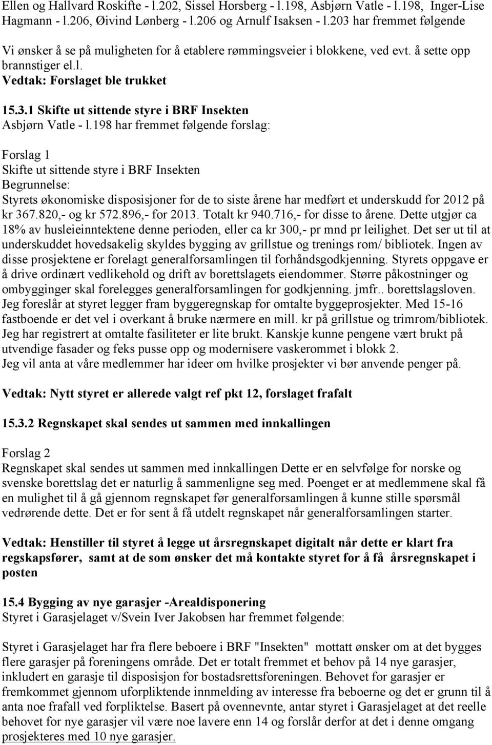 198 har fremmet følgende forslag: Forslag 1 Skifte ut sittende styre i BRF Insekten Begrunnelse: Styrets økonomiske disposisjoner for de to siste årene har medført et underskudd for 2012 på kr 367.