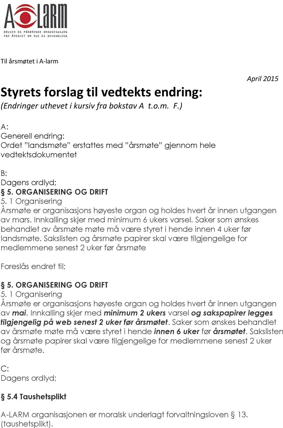 1 Organisering Årsmøte er organisasjons høyeste organ og holdes hvert år innen utgangen av mars. Innkalling skjer med minimum 6 ukers varsel.